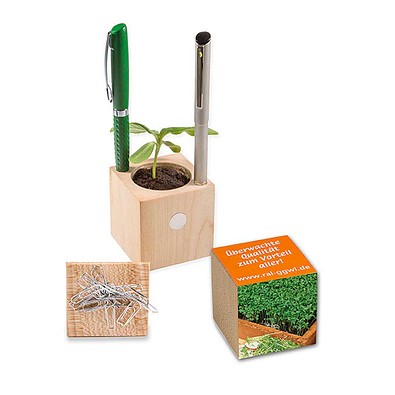 Pflanz-Holz Büro mit Samen, Gartenkresse, 1-seit. Druck