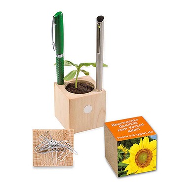 Pflanz-Holz Büro mit Samen, Sonnenblume, 1-seit. Druck