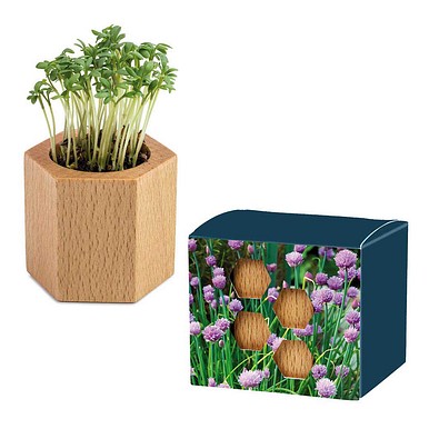 Pflanz-Holz Hexagon mit Samen, Schnittlauch, 1-seit. Druck