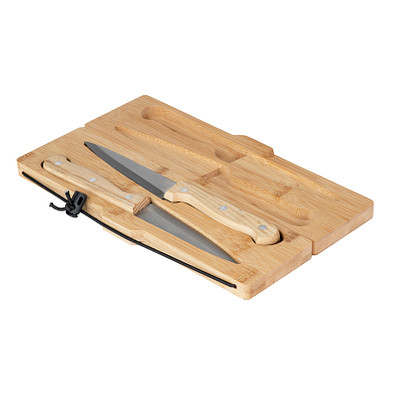 Praktisches Bambus-Schneidebrett mit zwei Messern für unterwegs