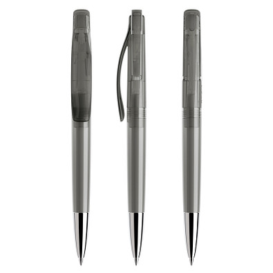 prodir® Druckkugelschreiber DS 2 mit polierter Metallspitze, blaue Mine, hellgrau transparent