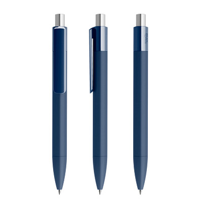 prodir® Druckkugelschreiber DS4 Soft Touch PRR Push, blaue Mine, dunkelblau/silber satiniert