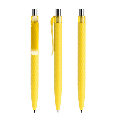 prodir® Druckkugelschreiber QS01 Soft Touch PRT Push, blaue Mine, gelb/silber poliert