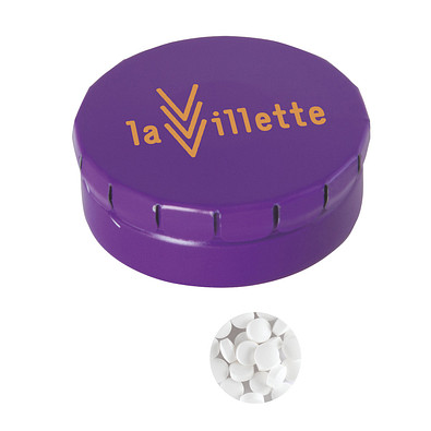Runde Click-Blechdose, gefüllt mit 12 g Minties, dunkelviolett