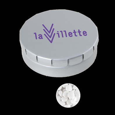 Runde Click-Blechdose, gefüllt mit 12 g Minties, hellgrau