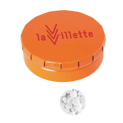 Runde Click-Blechdose, gefüllt mit 12 g Minties, orange