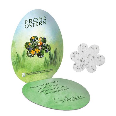 Samenpapier in Klappkärtchen Ei, Blümchen, 2-seit. Druck