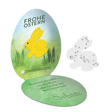 Samenpapier in Klappkärtchen Ei, Häschen, 2-seit. Druck