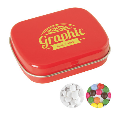 Scharnierblechdose, gefüllt mit 25 g Minties, rot