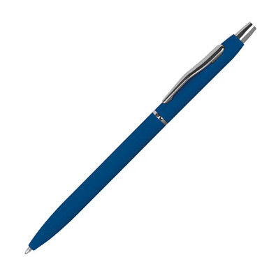 Schlanker, gummierter Druckkugelschreiber, blaue Mine, blau Schlanker, gummierter Druckkugelschreiber, blaue Mine, blau
