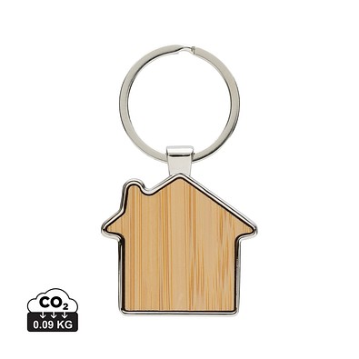 Schlüsselring Haus aus RCS rec. Zinklegierung mit Bambus, silber, braun