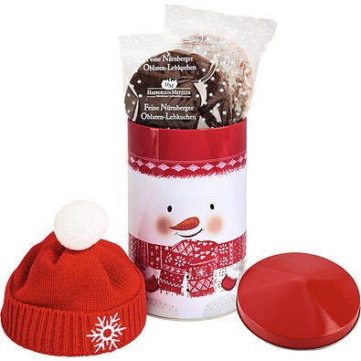 Schneemanndose mit Mütze gefüllt mit Lebkuchen