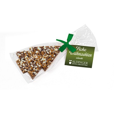 Schoko Christmas Tree, Vollmilchschokolade Knusperkugeln, Grüne Schleife, inkl. Druck