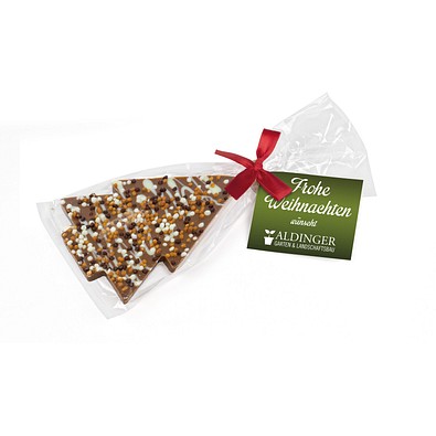 Schoko Christmas Tree, Vollmilchschokolade Knusperkugeln, Rote Schleife, inkl. Druck