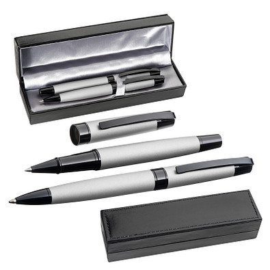 Schreibset aus Drehkugelschreiber und Rollerball, grau Schreibset aus Drehkugelschreiber und Rollerball, grau