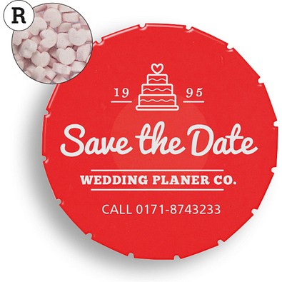 Super Mini Clic Clac Box, 12 g, Erdbeerdragees Herzform, PMS 032 C, inkl. Druck