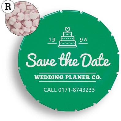 Super Mini Clic Clac Box, 12 g, Erdbeerdragees Herzform, PMS Green C, inkl. Druck