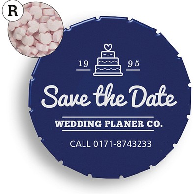 Super Mini Clic Clac Box, 12 g, Erdbeerdragees Herzform, PMS Reflex Blue, inkl. Druck