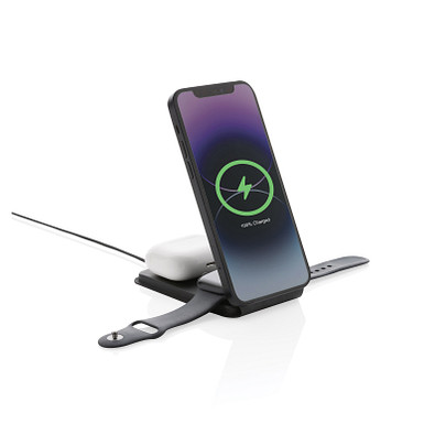 Swiss Peak 15W 3-in-1 magnetischer Wireles Charger aus rPU, schwarz
