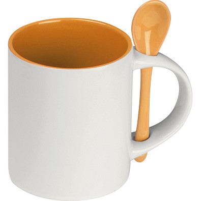 Tasse aus Keramik mit Löffel, 300 ml, orange Tasse aus Keramik mit Löffel, 300 ml, orange