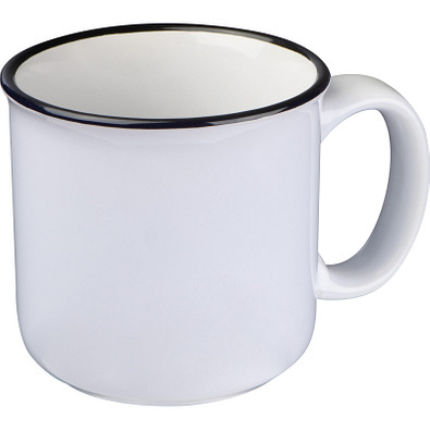 Tasse aus Keramik mit schwarzem Rand, weiss Tasse aus Keramik mit schwarzem Rand, weiss