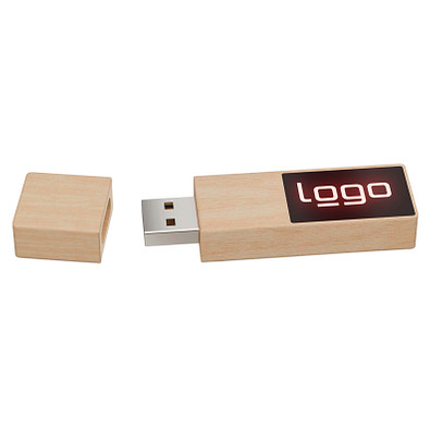USB-Stick Holz mit Leuchtlogo, 128 GB, ahorn