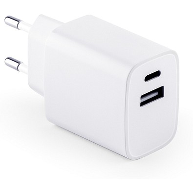 WEGENER. Ladegerät mit USB-A Anschluss 18W und USB-C 20W in Recyceltes ABS (100% rABS), Weiß