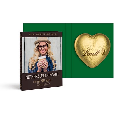 Werbekarte mit Lindt Schokoladen Herz 20 g, gold, inkl. Druck