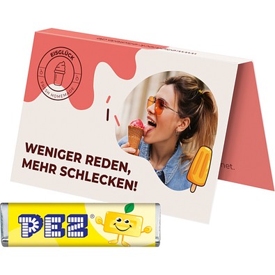 Werbekarte Visitenkartenformat, PEZ Bonbonriegel Zitrone, inkl. Druck