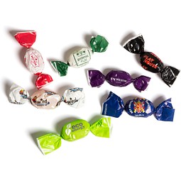 Bonbons im Werbewickler, 5 g, Fruchtmix, Folie transparent, inkl. Druck