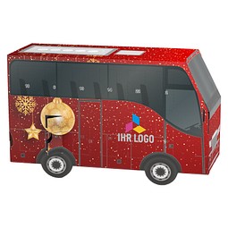 Adventskalender Bus, Alpenmilch-Schokotäfelchen, Christbaumkugeln Gold