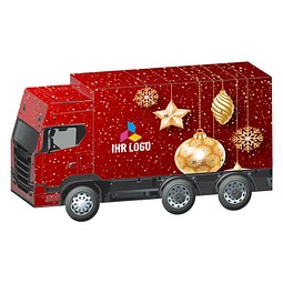 Adventskalender LKW,  Alpenmilch-Schokotäfelchen, Christbaumkugeln Gold