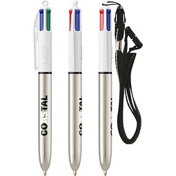BIC® 4 Colours® Shine mit Lanyard-Kugelschreiber Weiß/Silbermetallic