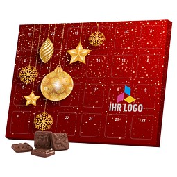 Classic Tisch Adventskalender, Blister gefüllt, Alpenmilch Schokotäfelchen, Christbaumkugeln Gold