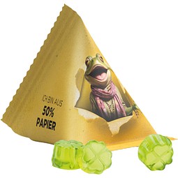 Fruchtgummi Tetraeder, Folie mit ca. 50% Papieranteil, weiß, Trolli Fruchtgummi Kleeblatt, inkl. Druck
