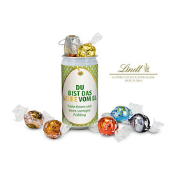 Lindt-Geheimnis Ostern, das Nest in der Dose, Etikett Du bist das Gelbe vom Ei