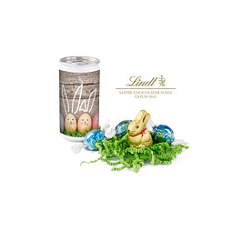 Lindt-Oster-Überraschung, Das Nest in der Dose, Etikett Frohe Ostern - EierHasen