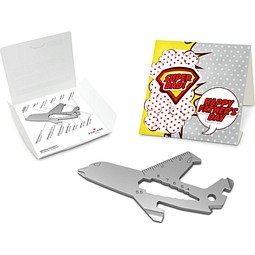 Geschenkartikel: ROMINOX® Key Tool Airplane / Flugzeug (19 Funktionen) im Motiv-Mäppchen Super Dad, silber