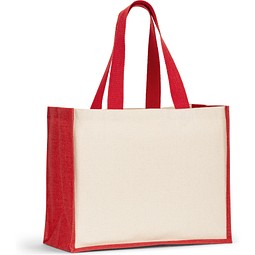 HELSINQUE COLOUR. Tasche aus Canvas (320 g/m²), mit Boden und Seiten aus farbig laminierter Jute (350 g/m²), Rot