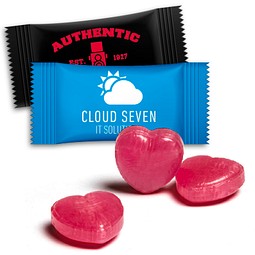 Herzbonbons im Flowpack, 3 g, Himbeerbonbon, Folie transparent, inkl. Druck