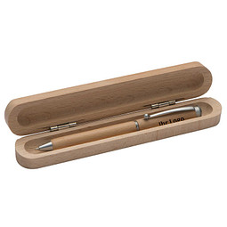 Holz-Drehkugelschreiber im Holzetui, blaue Mine, braun