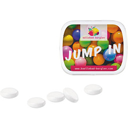 Klapp Dose, mentos® Kaudragee Mint, inkl. Druck, weiße Dose