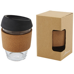 Lidan 360 ml Becher aus Borosilikatglas mit Korkgriff und Silikondeckel, schwarz
