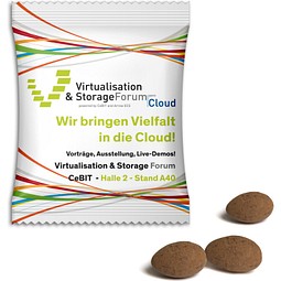 Mandeln im Werbetütchen, 12 g, Sahne-Kakao, Folie weiß, inkl. Druck