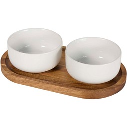 Noa Set aus Holztablett und Keramik- Servierschalen, weiss