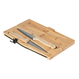 Praktisches Bambus-Schneidebrett mit zwei Messern für unterwegs