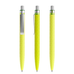 prodir® Druckkugelschreiber QS01 Soft Touch PRS Push, blaue Mine, gelbgrün/silber satiniert