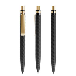 prodir® Druckkugelschreiber QS01 Soft Touch PRS Push, blaue Mine, schwarz/gold satiniert