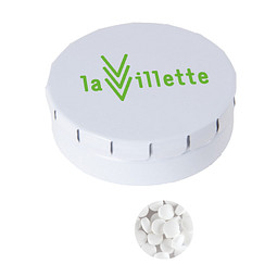 Runde Click-Blechdose, gefüllt mit 12 g Minties, weiß