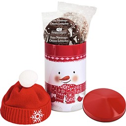 Schneemanndose mit Mütze gefüllt mit Lebkuchen